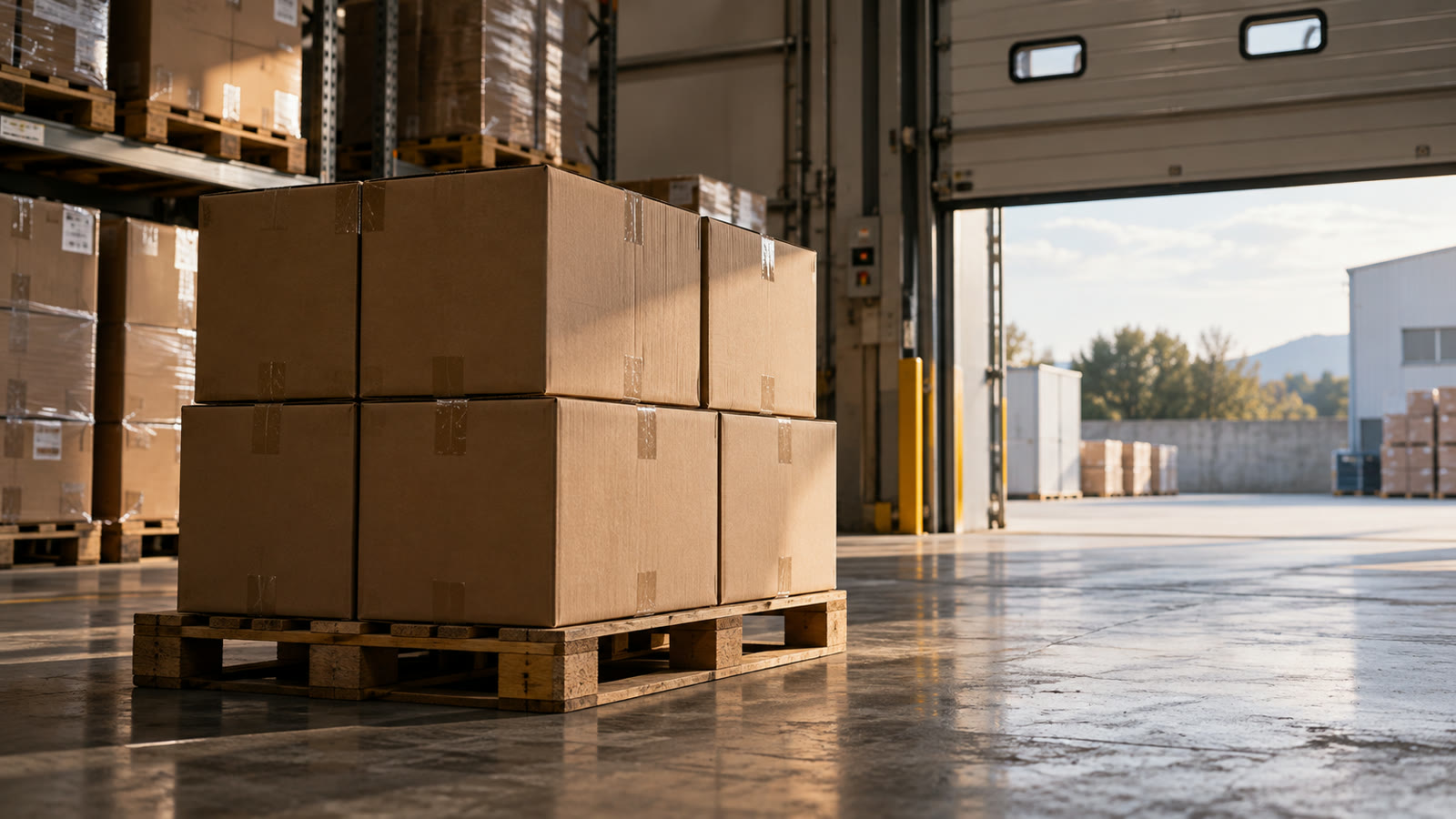 Pallet di scatole chiuse davanti a un portone di carico aperto.